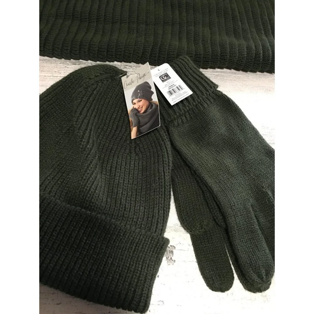 Charlie Paige deep olive green infinity scarf beenie & gloves set